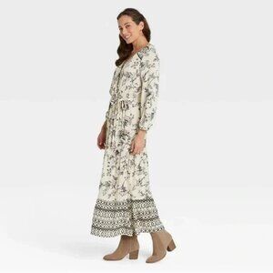 KNOX ROSE Women Maxi Dress Long Sleeve Sz S Cream Gray Cottagecore Boho 59-5